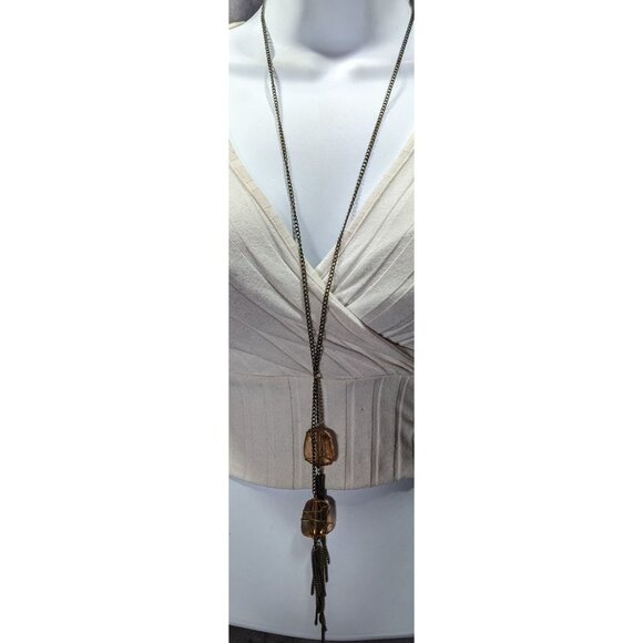 Funky Gemmed Chain Tassel Gold Tone Necklace - Picture 2 of 6